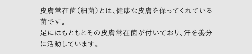 皮膚常在菌（細菌）とは、健康な皮膚を保ってくれている菌です。足にはもともとその皮膚常在菌が付いており、汗を養分に活動しています。